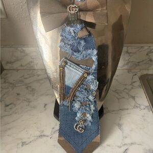 Denim and Brown Patchwork Tie with Rhinestones